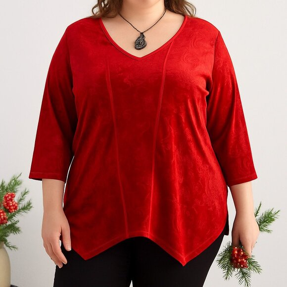 Catherines 0X Petite Red Burnout Velvet Top V-Neck 3/4 Sleeve Festive Blouse - Picture 1 of 15